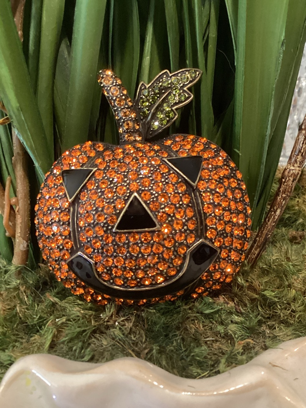 Heidi Daus Orange and Green Crystal Pumpkin Pin